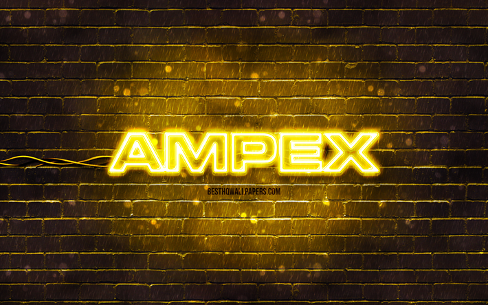 ampex keltainen logo, 4k, keltainen tiilisein&#228;, ampex logo, tuotemerkit, ampex neon logo, ampex