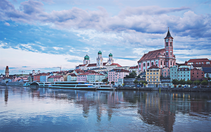 Passau, 4k, german cities, river, embankment, evening city, Germany, Europe, HDR