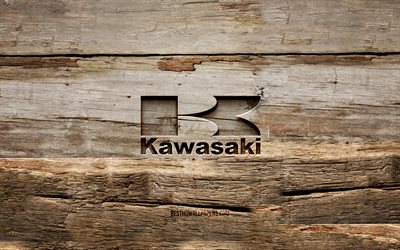 Kawasaki wooden logo, 4K, wooden backgrounds, brands, Kawasaki logo, creative, wood carving, Kawasaki