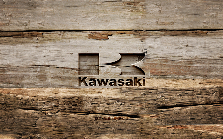 Kawasaki wooden logo, 4K, wooden backgrounds, brands, Kawasaki logo, creative, wood carving, Kawasaki