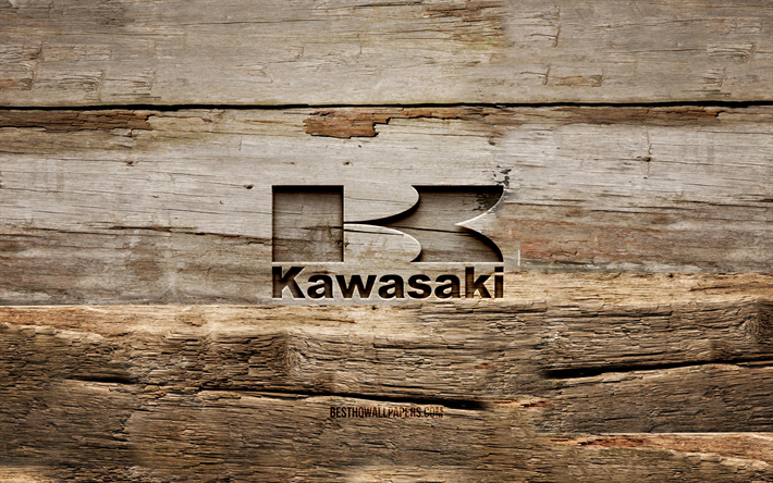 kawasaki puinen logo, 4k, puiset taustat, tuotemerkit, kawasaki-logo, luova, puunveisto, kawasaki