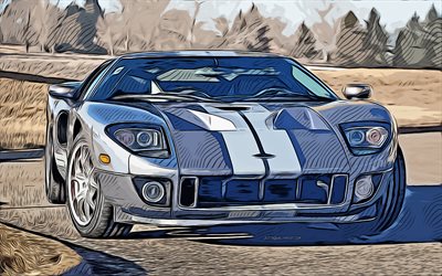 Ford GT, 4k, vector art, Ford GT drawing, creative art, Ford GT art, vector drawing, abstract cars, car drawings, Ford