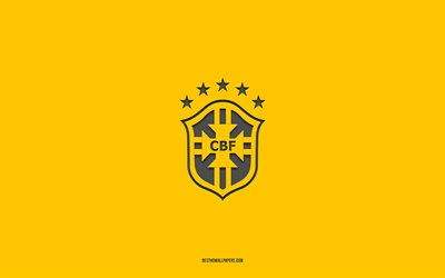 équipe nationale de football du brésil, fond jaune, équipe de football, emblème, conmebol, brésil, football, logo de l équipe nationale de football du brésil, amérique du sud