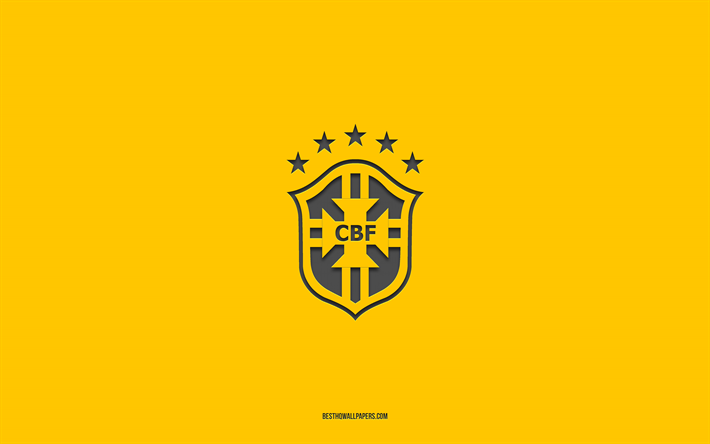 Brazil national football team, yellow background, football team, emblem, CONMEBOL, Brazil, football, Brazil national football team logo, South America