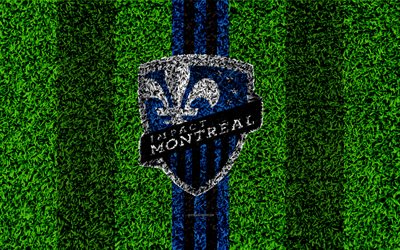 Montreal Impact FC, 4k, MLS, football lawn, logo, american soccer club, blue black lines, grass texture, Quebec, Canada, USA, Major League Soccer, football