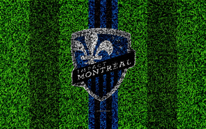 Montreal Impact FC, 4k, MLS, futebol gramado, logo, americano futebol clube, azul linhas pretas, grama textura, Quebec, Canada, EUA, Major League Soccer, futebol