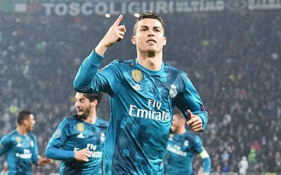 4k, Cristiano Ronaldo, Galacticos, goal, football stars, CR7, soccer, Real Madrid, blue uniform, Ronaldo, La Liga, footballers