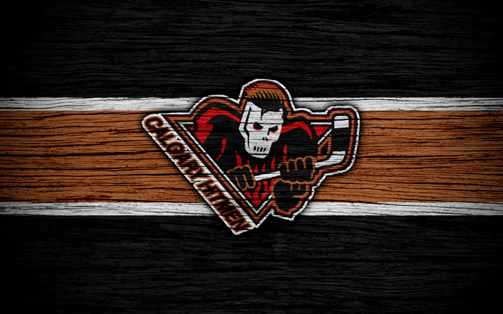 4k, Calgary Kiralık, logo, WHL, hokey, Kanada, amblem, ahşap doku, Batı Hokey Ligi