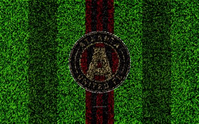 Atlanta United FC, 4k, MLS, football lawn, logo, american soccer club, red black lines, grass texture, Atlanta, USA, Major League Soccer, football