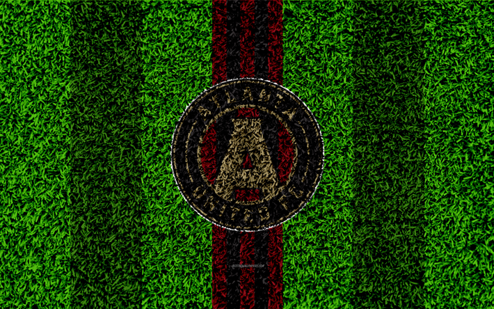 Atlanta, United FC, 4k, MLS, football de la pelouse, le logo, le soccer en am&#233;rique du club, rouge trait noir, la texture de l&#39;herbe, etats-unis, de la Ligue Majeure de Soccer, de football