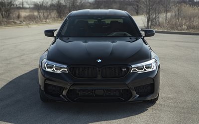 BMW M5, 2018, F90, front view, LED lights, new black M5, tuning M5, German cars, BMW
