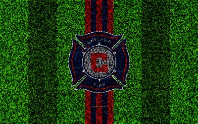 Chicago Fire FC, 4k, MLS, football lawn, logo, american soccer club, red blue lines, grass texture, Chicago, USA, Major League Soccer, football