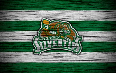 4k, Everett Silvertips, logo, WHL, h&#243;quei, Canada, emblema, textura de madeira, Western Hockey League