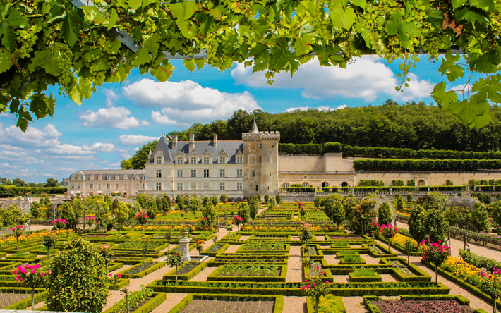 Villandry Castle, garden, spring, pastel, old castle, France, Chateau de Villandry