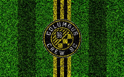Columbus Crew SC, 4k, MLS, futebol gramado, logo, americano futebol clube, amarelo preto linhas, grama textura, Colombo, Ohio, EUA, Major League Soccer, futebol