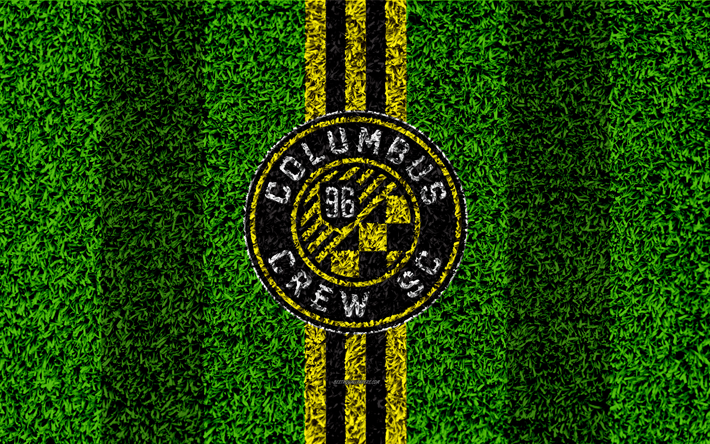 Columbus Crew SC, 4k, MLS, jalkapallo nurmikko, logo, american soccer club, keltainen musta linjat, ruohon rakenne, Columbus, Ohio, USA, Major League Soccer, jalkapallo