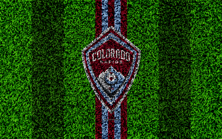 Colorado Rapids, 4k, MLS, football lawn, logo, american soccer club, purple blue lines, grass texture, Denver, Colorado, USA, Major League Soccer, football