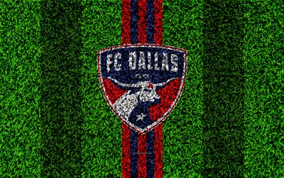 FC Dallas, 4k, MLS, football lawn, logo, american soccer club, red blue lines, grass texture, Dallas, Texas, USA, Major League Soccer, football