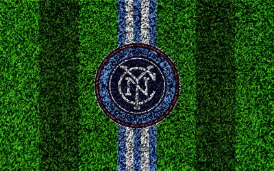 New York City FC, 4k, MLS, le football pelouse, logo, club de football am&#233;ricain, blanc, bleu lignes, texture d&#39;herbe, New York, &#233;tats-unis, de la Ligue Majeure de Soccer, de football