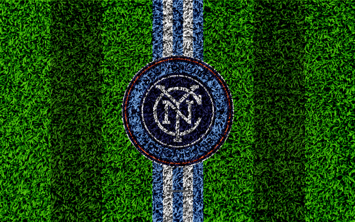 new york city fc, 4k, mls, fu&#223;ball-rasen, logo, american soccer club, wei&#223;, blau, linien -, gras-textur, new york, usa, major league soccer, fu&#223;ball