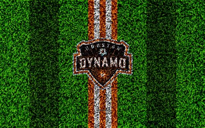 Houston Dynamo, 4k, MLS, football lawn, logo, american soccer club, white orange lines, grass texture, Houston, Texas, USA, Major League Soccer, football