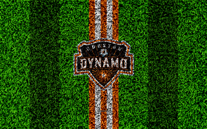 Houston Dynamo, 4k, MLS, futebol gramado, logo, americano futebol clube, branco laranja, grama textura, Houston, Texas, EUA, Major League Soccer, futebol