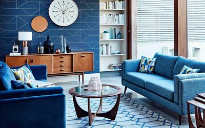 moderni sininen sisustus, olohuone, tyylik&#228;s sisustus, sininen olohuone