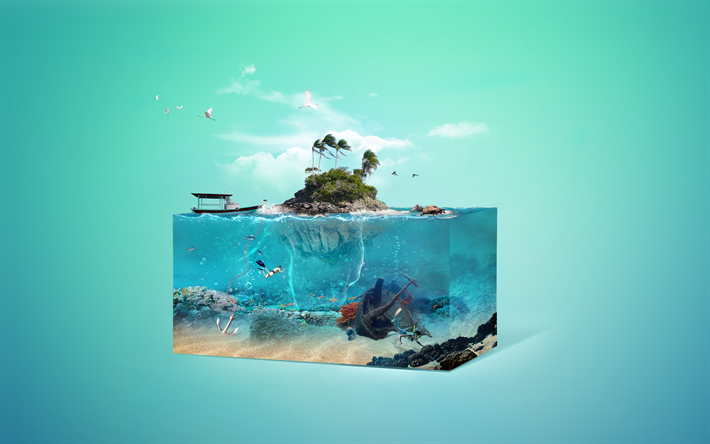 4k, ilha tropical, Arte 3d, fantasia, mundo subaqu&#225;tico, navio afundado, coral, oceano, ilhas