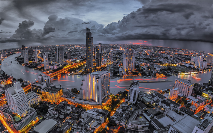 bangkok, 4k, panorama, nachtaufnahmen, modernen geb&#228;uden, thailand, asien