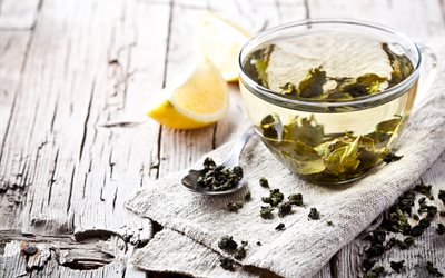 green tea, cup of tea, warm drinks, herbal tea, lemons, tea leaves