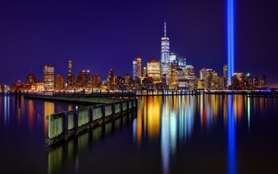 Nova York, World Trade Center 1, noite paisagem, arranha-c&#233;us, cidade moderna, EUA, luz de n&#233;on linhas