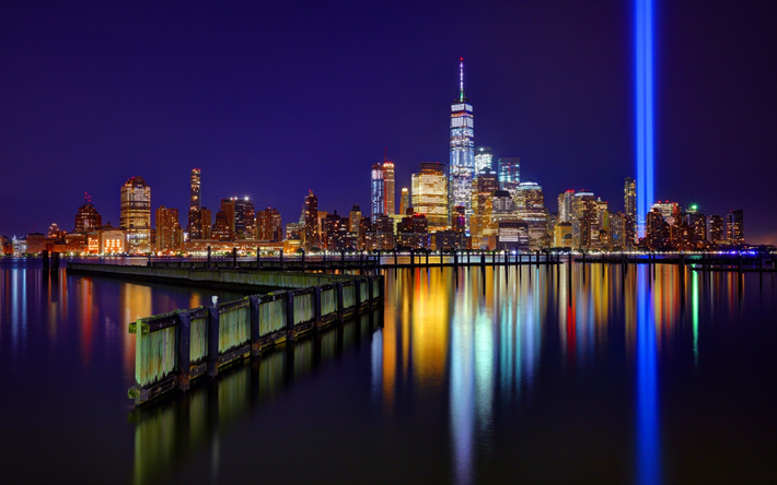 New York, World Trade Center, 1, notte, paesaggio urbano, grattacieli, citt&#224; moderna, USA, luce al neon linee