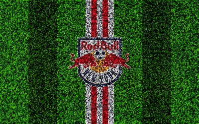 New York Red Bulls, 4k, MLS, football lawn, logo, american soccer club, blue red lines, grass texture, New York, USA, Major League Soccer, football