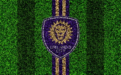 Orlando City SC, 4k, MLS, football lawn, logo, american soccer club, purple yellow lines, grass texture, Orlando, Florida, USA, Major League Soccer, football, Orlando City FC
