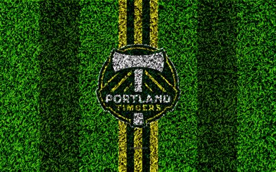 Portland Timbers, 4k, MLS, futebol gramado, logo, americano futebol clube, verde amarelo linhas, grama textura, Portland, Oregon, EUA, Major League Soccer, futebol