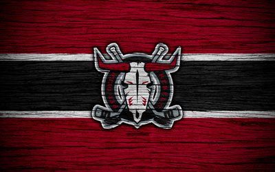 4k, Red Deer Rebeldes, logo, WHL, h&#243;quei, Canada, emblema, textura de madeira, Western Hockey League