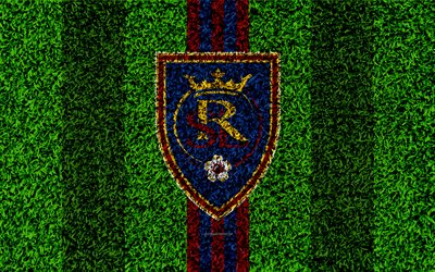 Real Salt Lake, RSL, 4k, MLS, football lawn, logo, american soccer club, blue red lines, grass texture, Salt Lake City, Utah, USA, Major League Soccer, football