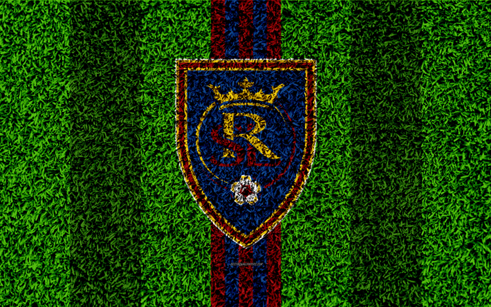 Real Salt Lake, RSL, 4k, MLS, calcio prato, logo, american soccer club, blu linee rosse, erba texture, Salt Lake City, Utah, USA, Major League Soccer, il calcio