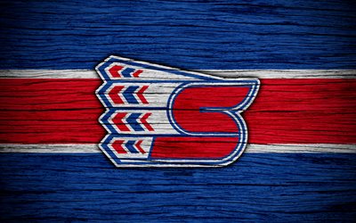 4k, Spokane Chefes, logo, WHL, h&#243;quei, Canada, emblema, textura de madeira, Western Hockey League