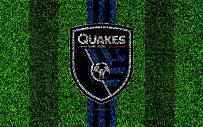 San Jose Earthquakes, 4k, MLS, football lawn, logo, american soccer club, blue black lines, grass texture, San Jose, California, USA, Major League Soccer, football