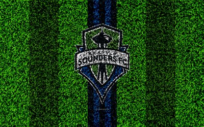 سياتل ساوندرز, 4k, MLS, كرة القدم العشب, شعار, نادي كرة القدم الأمريكية, الأزرق الأخضر خطوط, العشب الملمس, سياتل, واشنطن, الولايات المتحدة الأمريكية, دوري كرة القدم, كرة القدم