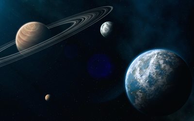 Maan, Saturnus, 4k, aurinkokunnan, planeetat, galaxy, sci-fi, orbit, t&#228;hdet