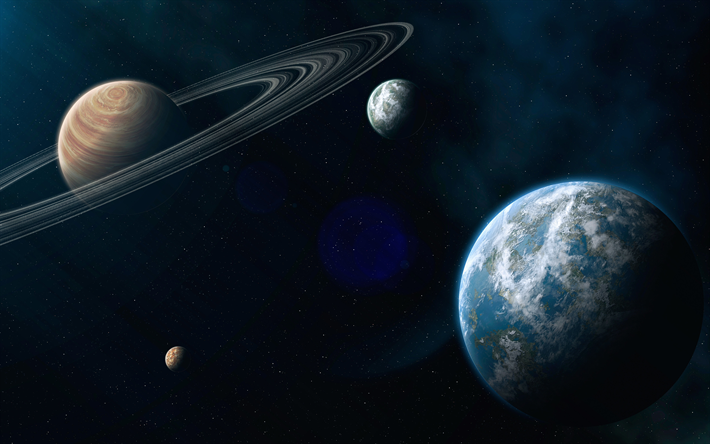 La tierra, Saturno, 4k, el sistema solar, planetas, galaxias, sci-fi, &#243;rbita, las estrellas