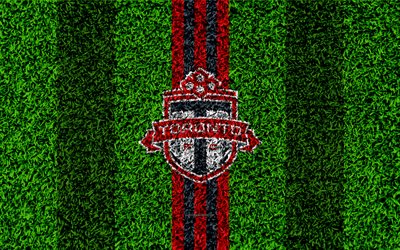 Toronto FC, 4k, MLS, football lawn, logo, american soccer club, red gray lines, grass texture, Toronto, Canada, USA, Major League Soccer, football