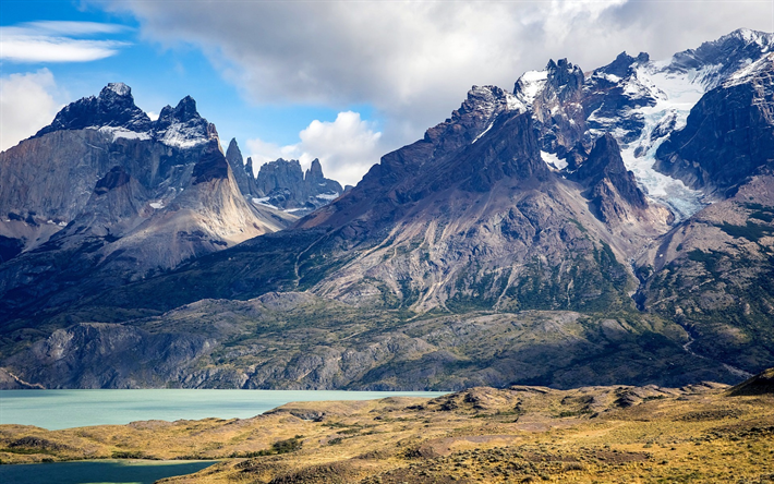 Torres del Paine, mountain landscape, rocks, mountain massif, river, Patagonia, Chile