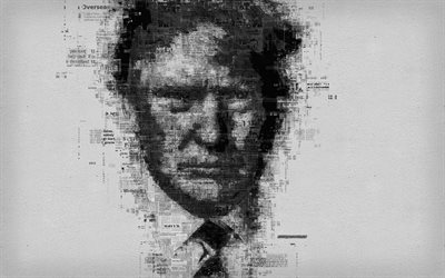 Donald Trump, 4K, portrait, American president, newspaper art, face, US president, USA