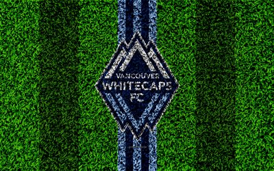 Vancouver Whitecaps FC, 4k, MLS, football lawn, logo, american soccer club, blue lines, grass texture, Vancouver, Canada, USA, Major League Soccer, football