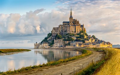 4k, O Mont Saint-Michel, franc&#234;s marcos, ver&#227;o, fortaleza, Normandia, Fran&#231;a, Europa