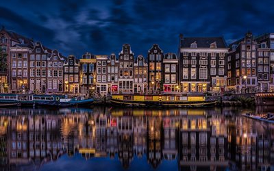 Holanda, Amesterd&#227;o, rchannels, aterro, noite, Pa&#237;ses baixos, Europa