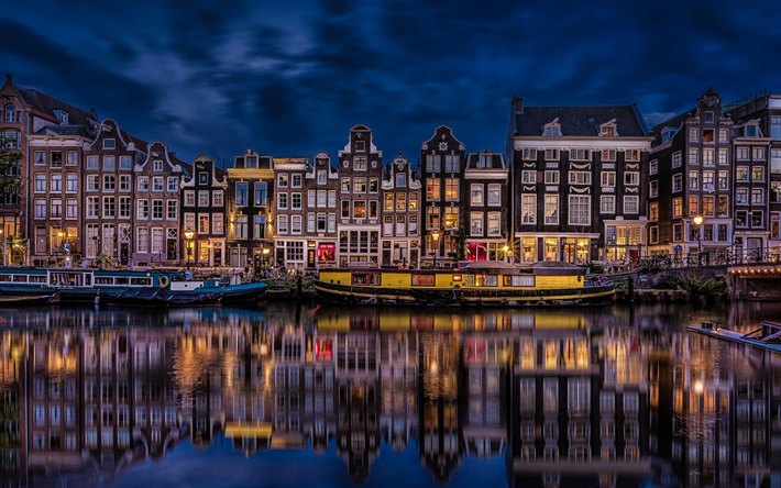 Holland, Amsterdam, rchannels, embankment, night, Netherlands, Europe
